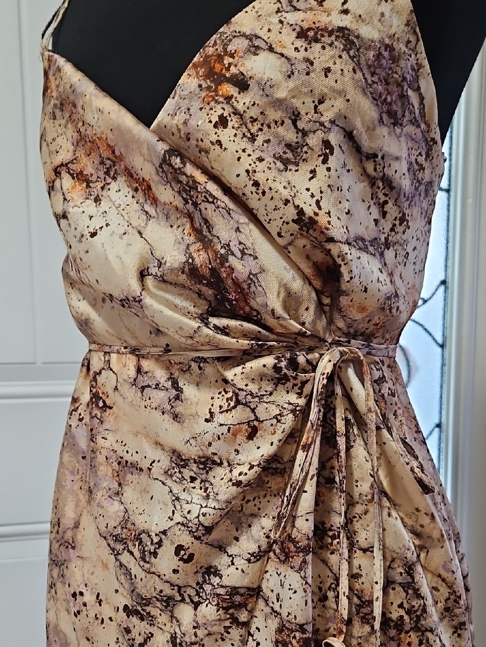 Zara Beige Marble Print Sateen Wrap Mini Dress XS W/ Double Spaghetti Straps - Picture 7 of 13